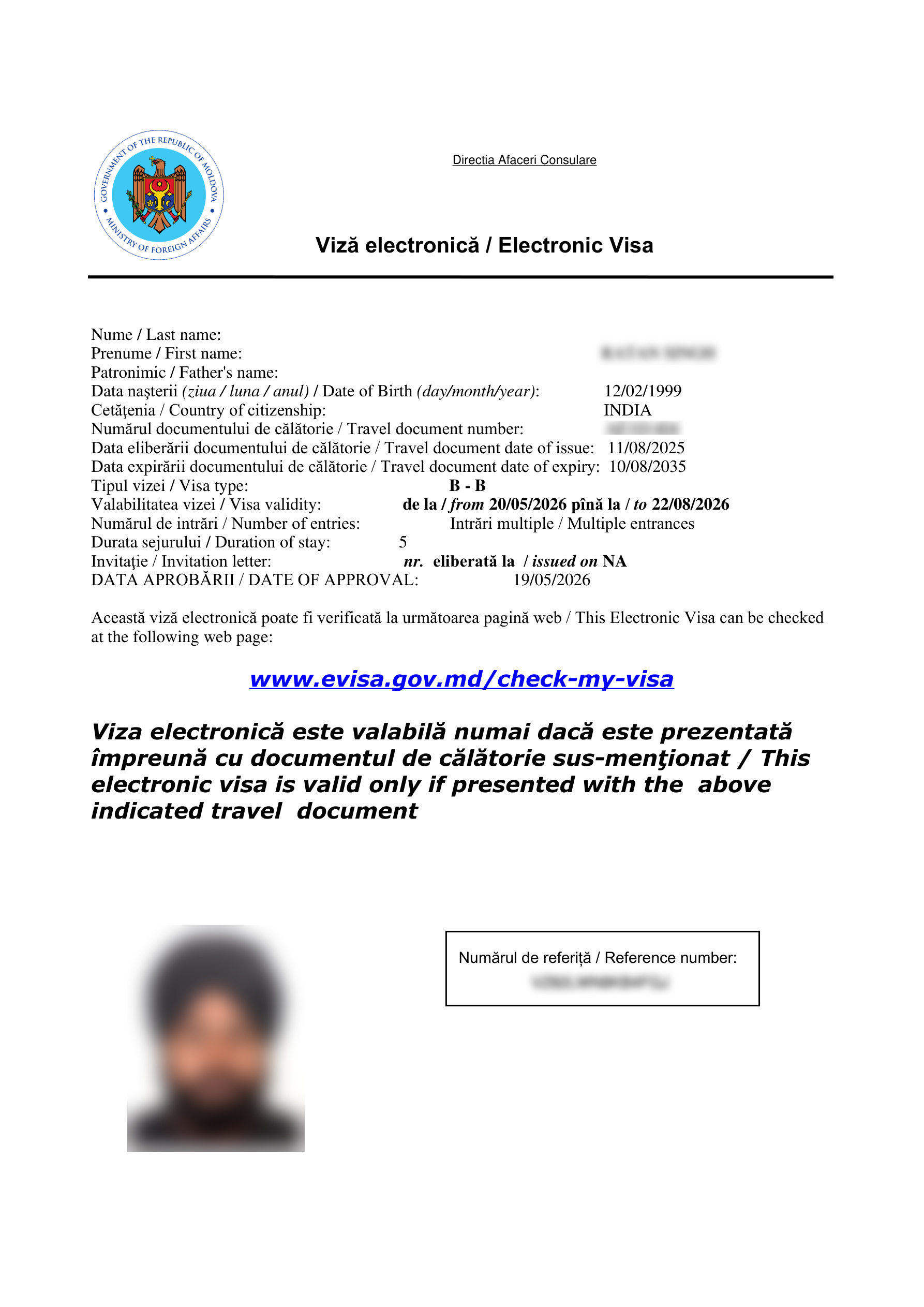 Moldova Transit Visa Example