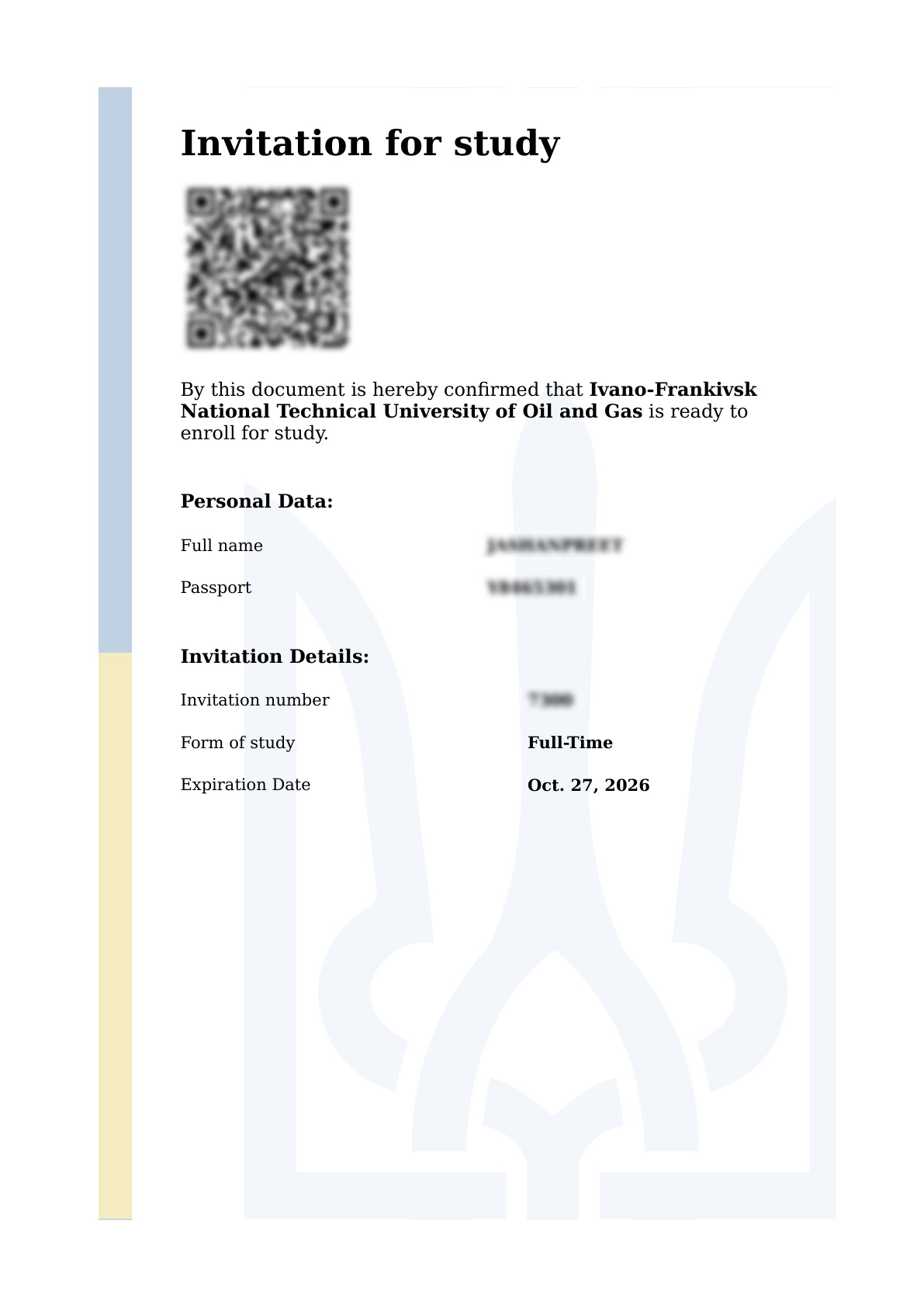 Ukraine Study Invitation Example
